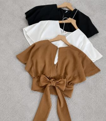 Vallina Outfit Femei Outer Blouse Slit Back Self Tie Wrap Crop Top Wanita Korean Style Bow Back