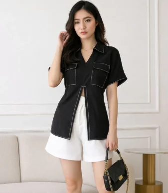 Vallina Outfit Nikita Blouse Atasan Wanita Katun Linen Lengan Pendek Korean Style Casual Daily