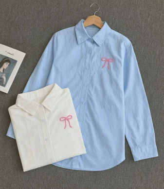 Vallina Outfit - Plain Ribbon Shirt Atasan Wanita Muslim Remaja Lengan Panjang Matt Linen Rami