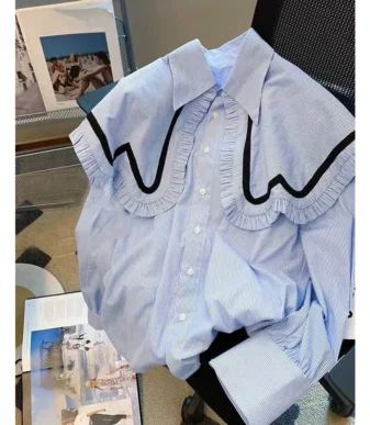 Vallina Outfit Cameron Top Blouse Bertha Collar Atasan Shirt Kemeja Strip Salur Katun Korean Premium