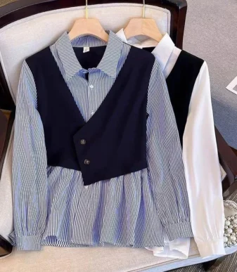Vallina Outfit Eliana Top Blouse Hem Vest Plained Stripe Atasan Kemeja Wanita Remaja