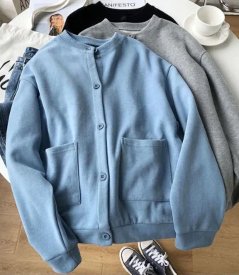 Vallina Outfit Lamina Outer Plain Button Pocket Outerwear Cardy Fleece Remaja Wanita Korean Style