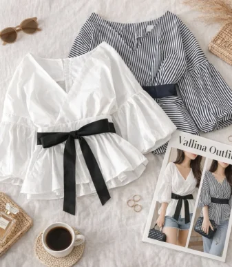 Vallina Outfit Oslin Top Blouse Waist Strap Plain Stripe Atasan Remaja Wanita Muslim Korean Style Premium