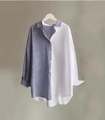 Vallina Outfit Usagi Top Shirt Stripe Two Tone Atasan Blouse Kemeja Wanita Remaja Korean Style