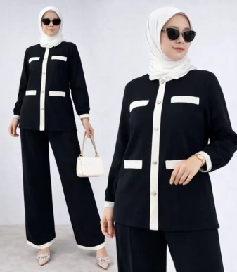 Vallina Outfit - Qiana Set Wanita Muslim All Size Fit To XL Besar Matt Caramel Knit Polos Premium
